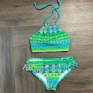 Kamu Swimsuit Girls Size 12 Blue Green Halter Top Fringe Trim Two Piece Boho Y2K